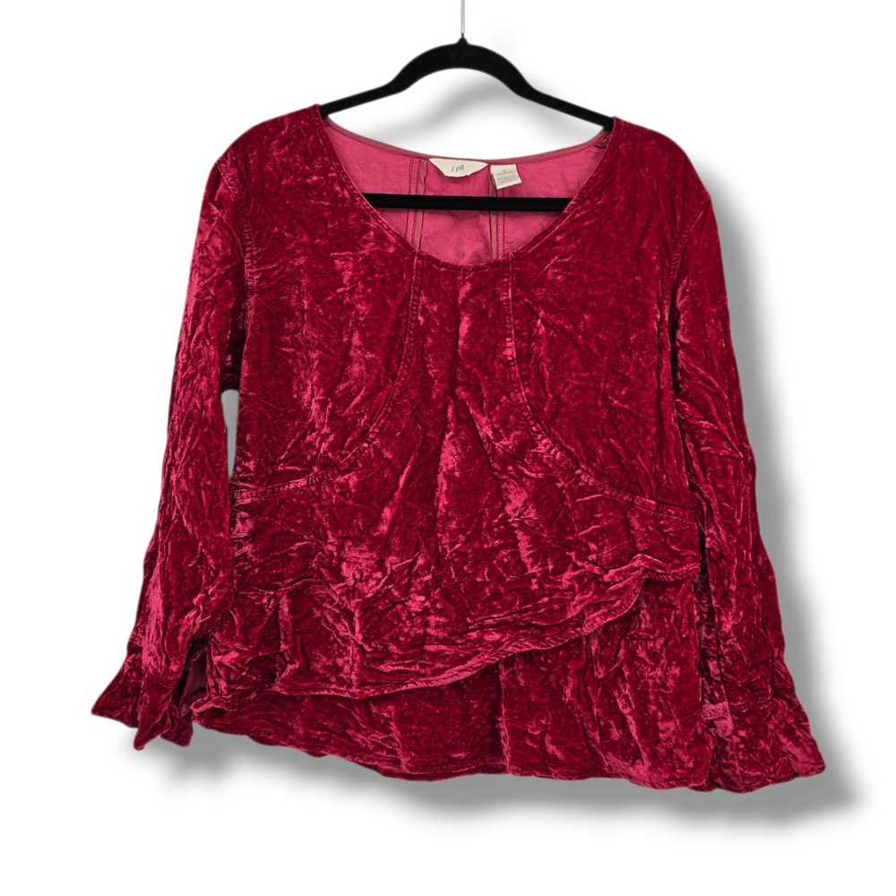 J. Jill Womens 1X Crushed Velvet Blouse Red‎ Asymmetrical Ruffle Hem Long Sleeve
